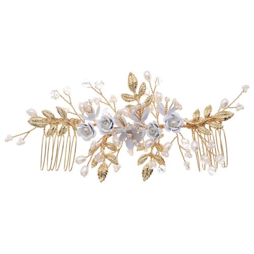 Dekoratives Haarkämmchen, Zinklegierung, mit Kristall & Kunststoff Perlen, Modeschmuck & für Frau, goldfarben, 130x70mm, verkauft von PC