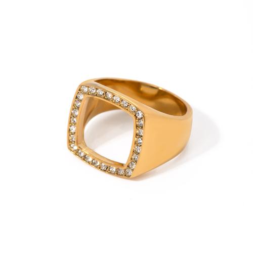 Anel de dedo de aço inoxidável de strass, Aço inoxidável 304, 18K banhado a ouro, tamanho diferente para a escolha & para mulher & com strass, dourado, vendido por PC