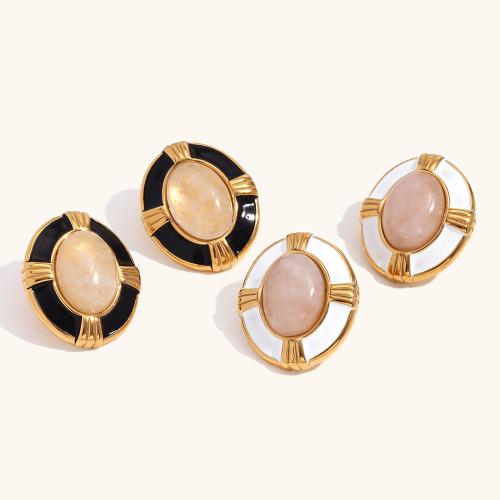 Stainless Steel Stud Earrings 304 Stainless Steel with Natural Stone 18K gold plated fashion jewelry & for woman & enamel Sold By Pair