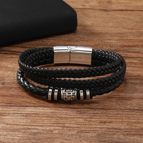 PU Leather Cord Bracelets Zinc Alloy with PU Leather & 304 Stainless Steel plated for man black Sold By PC