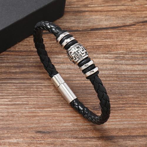 PU Leather Cord Bracelets Zinc Alloy with Magnet & PU Leather & 304 Stainless Steel handmade for man black Sold By PC