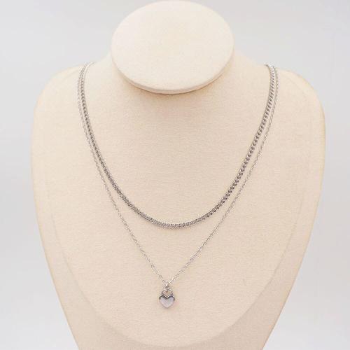 Titanium Steel Necklace with 6cm extender chain Heart plated Double Layer & fashion jewelry silver color Length 45 cm Sold By PC