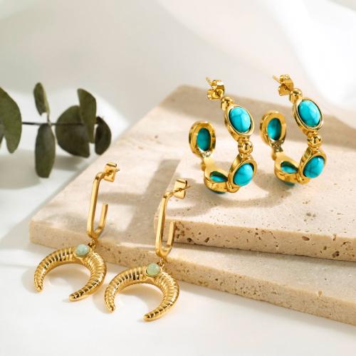 Titanium Steel  Earring with turquoise & Gemstone Vacuum Ion Plating & for woman golden Sold By Pair