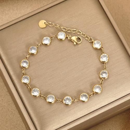 Stainless Steel Jewelry Bracelet 304 Stainless Steel with Plastic Pearl with 5CM extender chain plated & micro pave cubic zirconia & for woman & enamel golden Length Approx 15 cm Sold By PC