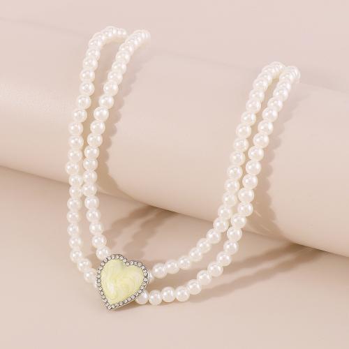 Plastic Pearl Necklace with Resin Double Layer & fashion jewelry & for woman & with rhinestone Length Approx 34.5-43 cm Sold By PC