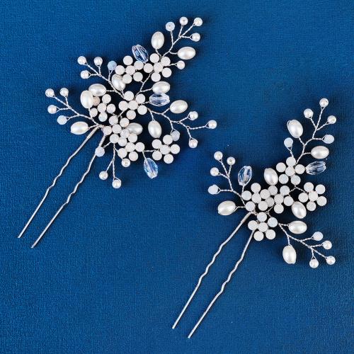 Hair Stick Zinc Alloy with Plastic Pearl 2 pieces & fashion jewelry & for woman silver color Sold By Set
