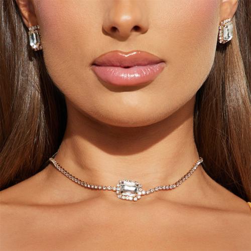 Brass Jewelry Set Stud Earring & necklace with 5CM extender chain plated 2 pieces & for woman & with rhinestone nickel lead & cadmium free Length 45 cm Sold By Set