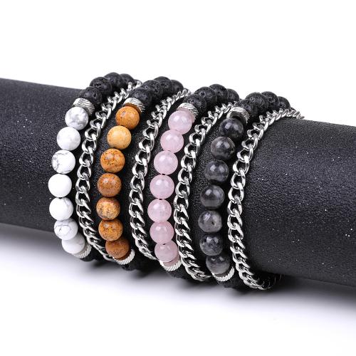 Gemstone Bracelets Lava with Natural Stone & Nylon Cord & 304 Stainless Steel fashion jewelry & Unisex Bracelet length 17-26cm Sold By PC
