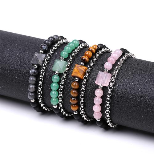 Gemstone Bracelets Black Stone with Natural Stone & Nylon Cord & 304 Stainless Steel fashion jewelry & Unisex Bracelet length 17-26cm Sold By PC