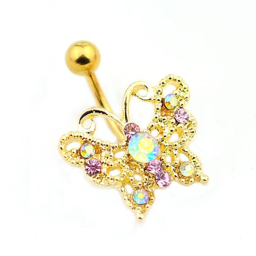 Fashion Personality Body Piercing Jewelry And Accessories Zinc Alloy plated Unisex & with Czech rhinestone golden 5MM steel ball *1.6*11MM bend rod Sold By PC