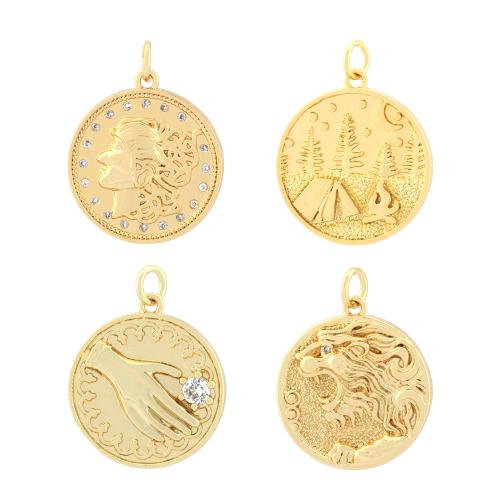 Cubic Zirconia Micro Pave Brass Pendant Flat Round gold color plated fashion jewelry & DIY & micro pave cubic zirconia nickel lead & cadmium free Sold By PC