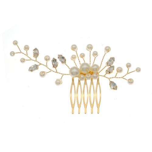 Decoratieve Kammen, Zinc Alloy, met Plastic Pearl, mode sieraden & voor vrouw & met strass, gouden, 120x65mm, Verkocht door PC