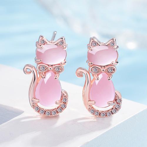 Brass Stud Earring with Rose Quartz Cat plated for woman & with rhinestone nickel lead & cadmium free Sold By Pair