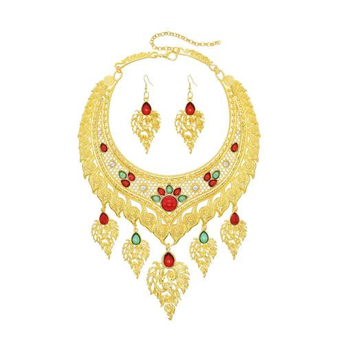 Zinc Alloy Jewelry Sets earring & necklace with Resin plated & for woman & with rhinestone golden Sold By Set
