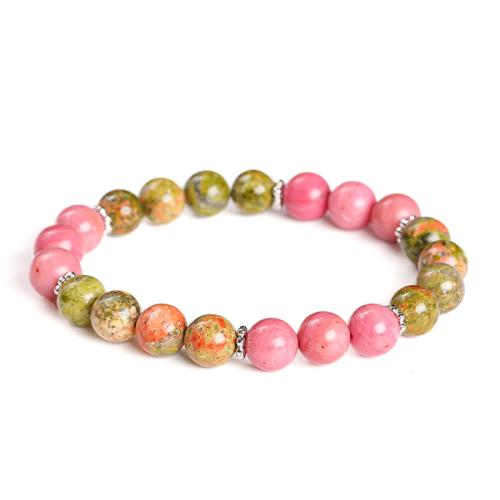 Rhodochrosite Bracelet with Unakite & Zinc Alloy Round handmade natural & Unisex beads length 8mm Length Approx 7-7.5 Inch Sold By PC