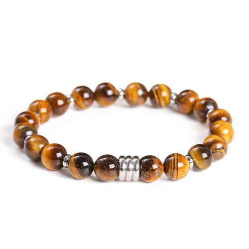 Tiger Eye Bracelet with 304 Stainless Steel Round & Unisex beads length 8mm Length Approx 7-7.5 Inch Sold By PC