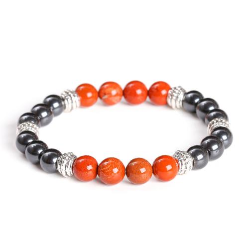 Hematite Bracelet with Zinc Alloy Round handmade & Unisex beads length 8mm Length Approx 7-7.5 Inch Sold By PC