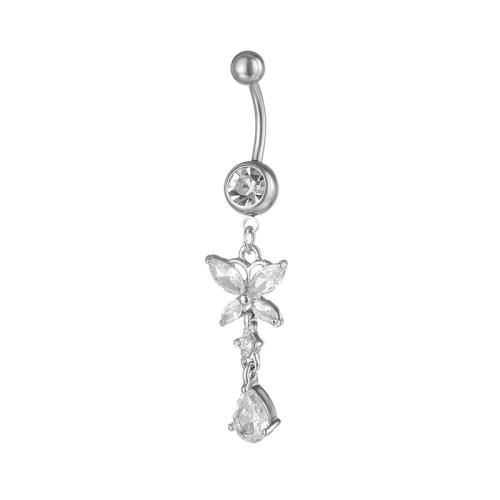 Brass Belly Ring   with 316 Stainless Steel Unisex & micro pave cubic zirconia white 5MM steel ball *1.6*10MM Sold By PC