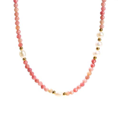 Rhodochrosite Necklace with Shell Pearl & 304 Stainless Steel with 2inch extender chain handmade fashion jewelry & for woman & faceted Length Approx 15 Inch Sold By PC