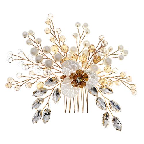 Bröllops Dekorativa hår kam, Zink Alloy, med Plast Pearl, mode smycken & för kvinna & med strass, gyllene, 90x130mm, Säljs av PC