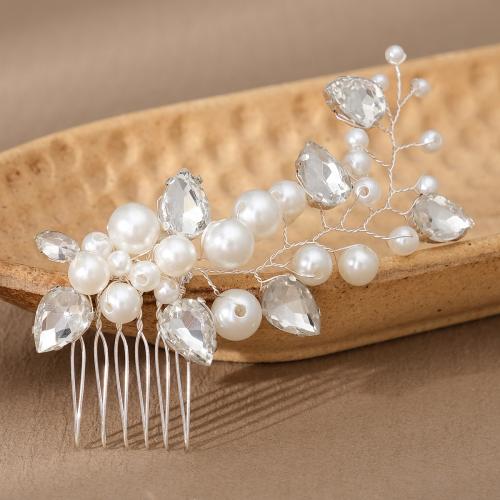 Bruids decoratieve kammen, Zinc Alloy, met Plastic Pearl, mode sieraden & voor vrouw & met strass, zilver, 120x55mm, Verkocht door PC