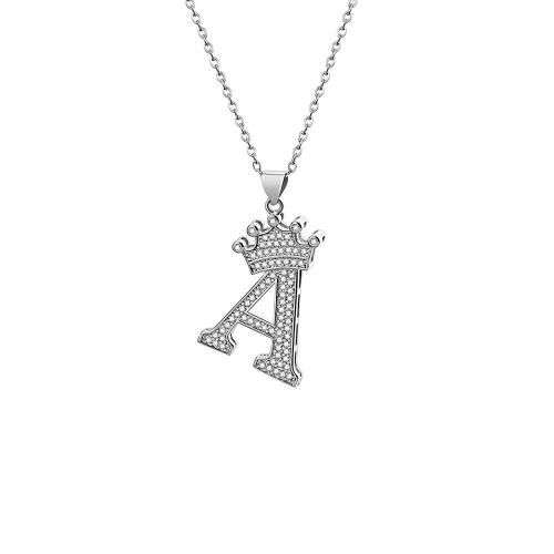 Stainless Steel Jewelry Necklace 304 Stainless Steel with Brass with 5cm extender chain Alphabet Letter silver color plated fashion jewelry & micro pave cubic zirconia & for woman Length 40 cm Sold By PC