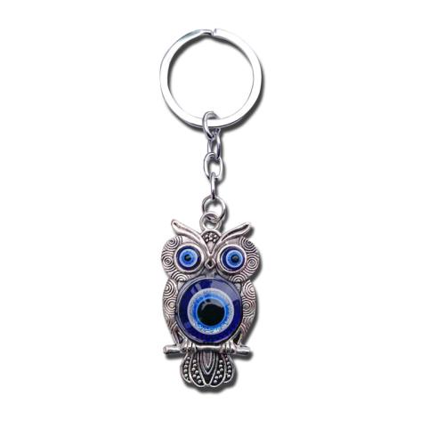 Tibetan Style Key Clasp, with Lampwork, Owl, silver color plated, Unisex, blue, 105mm, Sold By PC