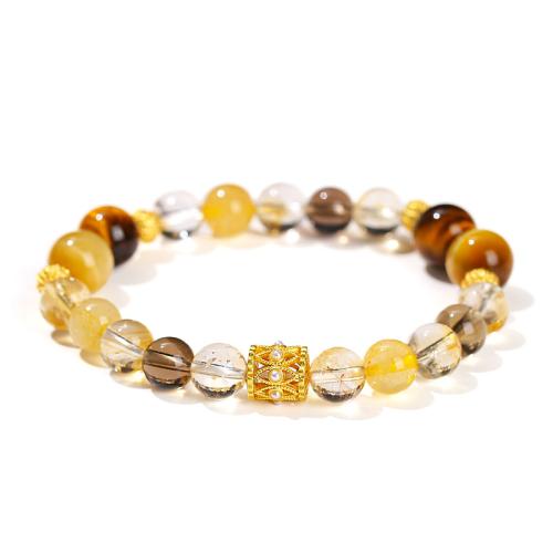 Gelbquarz Perlen Armband, mit Tigerauge & Messing, rund, handgemacht, Modeschmuck & unisex, Länge ca. 7-8 ZollInch, verkauft von PC