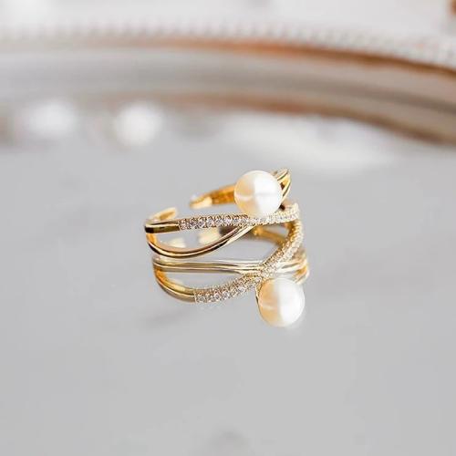 Krychlový Circonia Micro vydláždit mosazný prsten, Mosaz, s Plastové Pearl, módní šperky & micro vydláždit kubické zirkony & pro ženy, Velikost:7, Prodáno By PC