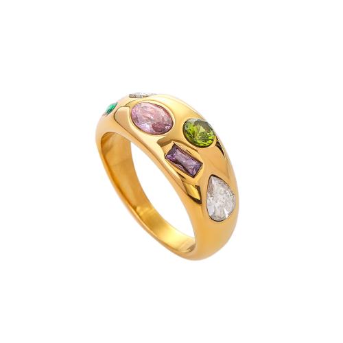 Cubic Zirconia anel de dedo de aço inoxidável, Aço inoxidável 304, 18K banhado a ouro, joias de moda & micro pavimento em zircônia cúbica & para mulher, dourado, vendido por PC
