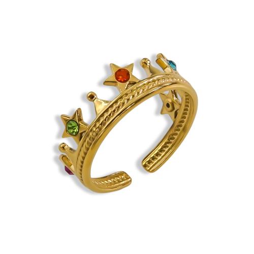 Cubic Zirconia rustfrit stål fingre Ringe, 304 rustfrit stål, med Cubic Zirconia, Crown, Justerbar & mode smykker & for kvinde, gylden, Ring inner diameter:17-20mm, Solgt af PC