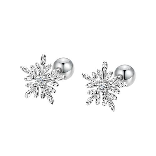 925 Sterling Silver Stud Earring Snowflake platinum plated for woman & with rhinestone Sold By Pair