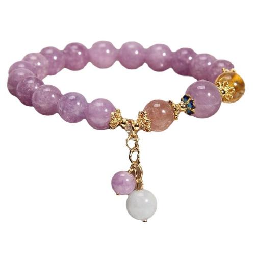 Bracelets de cristal, améthyste, avec Strawberry Quartz & alliage de zinc, Rond, Placage de couleur d'or, bijoux de mode & pour femme, Longueur Environ 6-8 pouce, Vendu par PC
