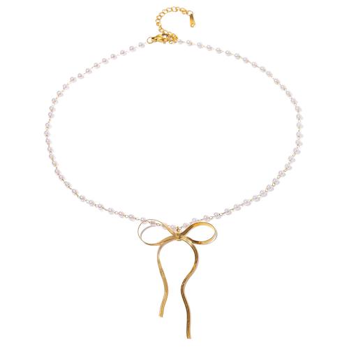 Plast pärlhalsband, 304 rostfritt stål, med Plast Pearl, med 5.5cm extender kedja, 18K guldpläterad, mode smycken & för kvinna, Längd 39 cm, Säljs av PC
