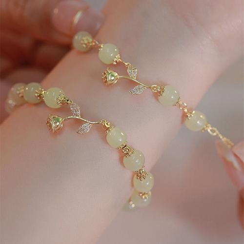 Zinc Alloy Bracelet with Hetian Jade Rose gold color plated & for woman & with rhinestone Length Approx 6-8 Inch Sold By PC