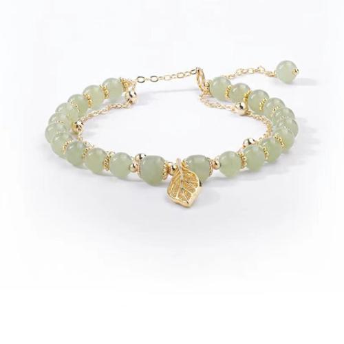 Brass Bracelet with Hetian Jade Leaf gold color plated Double Layer & for woman & with rhinestone Length Approx 6-8 Inch Sold By PC