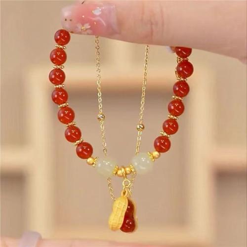 Hetian Jade Bracelet with Red Agate & Zinc Alloy with 2inch extender chain Peanut gold color plated & for woman Length Approx 6.7 Inch Sold By PC