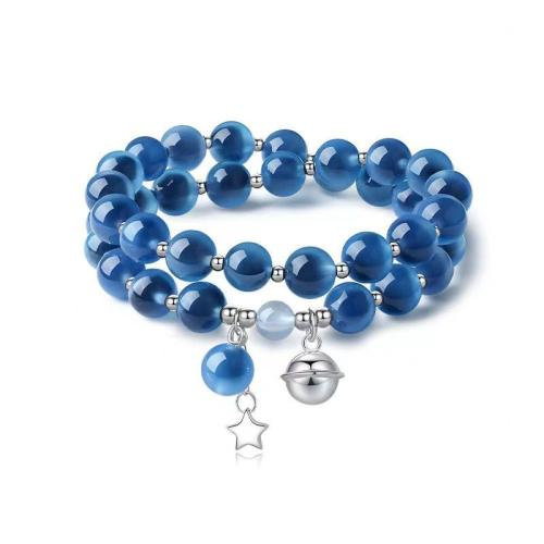 Glas Armband, met Zinc Alloy, Ronde, Dubbele laag & mode sieraden & voor vrouw, blauw, Lengte Ca 6-8 inch, Verkocht door Stel