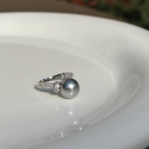 Cubique anneau en laiton Circonia Micro Pave, avec perle de plastique, bijoux de mode & pavé de micro zircon & pour femme, plus de couleurs à choisir, Taille:7, Vendu par PC
