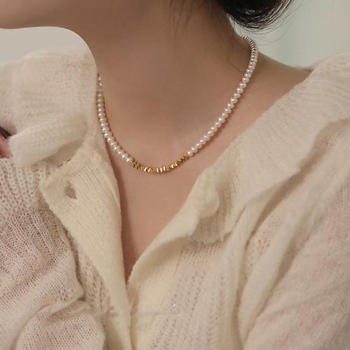 Crystal Pearl Necklace with Titanium Steel & Brass with 5.5cm extender chain plated fashion jewelry Length 38 cm Sold By PC