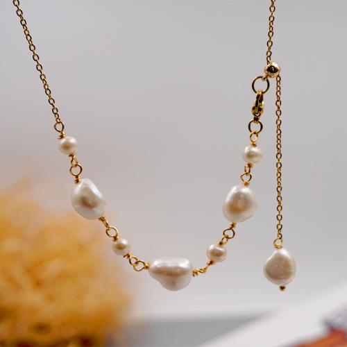 Naturliga sötvatten pärlband, Titan Stål, med Freshwater Pearl, med 5.5cm extender kedja, plated, mode smycken, gyllene, Längd 49 cm, Säljs av PC