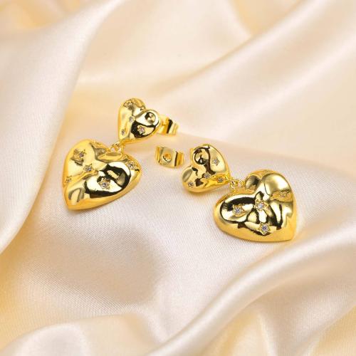 Cubic Zirconia Micro Pave Brass Earring Heart plated fashion jewelry & micro pave cubic zirconia golden nickel lead & cadmium free Sold By Pair