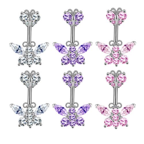 Brass Belly Ring   plated micro pave cubic zirconia & for woman Small butterfly width 7.5MM* height 6MM1.6*+ large butterfly 14MM* height 10MM-1.6mm bend rod Sold By PC