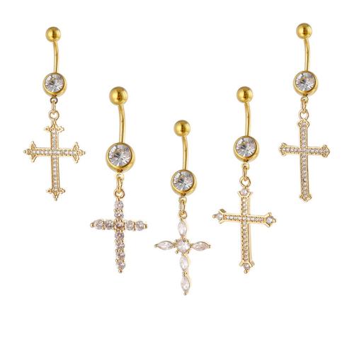 Brass Belly Ring   with 316 Stainless Steel Unisex & micro pave cubic zirconia golden 5MM steel ball *1.6*10MM Sold By PC