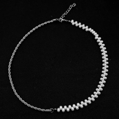 Nerezová ocel šperky náhrdelník, 304 Stainless Steel, s Plastové Pearl, lesklý, módní šperky & různé délky pro volbu & pro ženy, Původní barva, Prodáno By PC