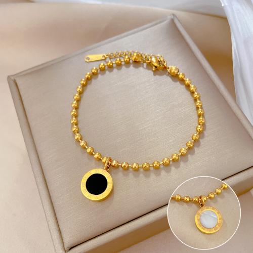 Stainless Steel Jewelry Bracelet 304 Stainless Steel with Shell with 3cm extender chain Flat Round Vacuum Ion Plating fashion jewelry & for woman Length 17 cm Sold By PC