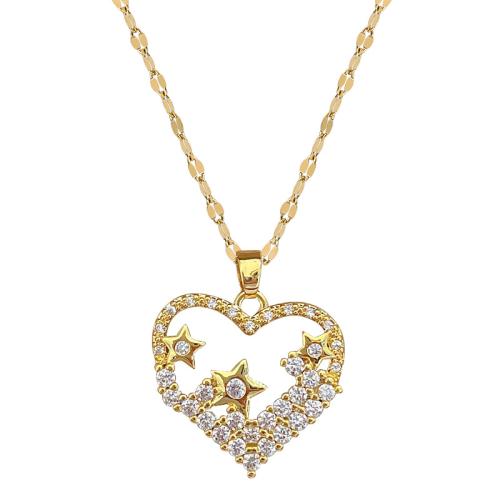 Nerezová ocel šperky náhrdelník, s Mosaz, s 5cm extender řetězce, Srdce, barva pozlacený, módní šperky & micro vydláždit kubické zirkony & pro ženy, 21x24mm, Délka 40 cm, Prodáno By PC