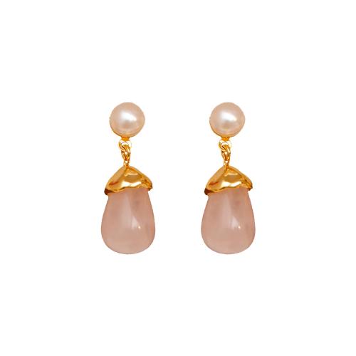 Brass Stud Earring with Chalcedony & Freshwater Pearl 18K gold plated fashion jewelry & for woman pink Sold By Pair
