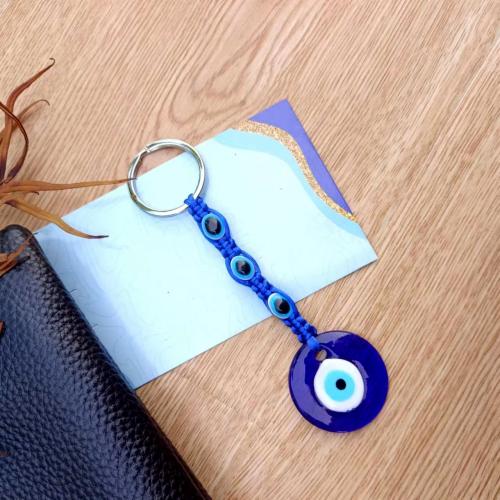 Tibetan Style Key Clasp, Lampwork, with Knot Cord & Tibetan Style, Flat Round, Unisex & evil eye pattern, more colors for choice, Sold By PC