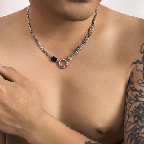 Titanium Steel Necklace with 5.5CM extender chain silver color plated for man & with rhinestone Length 48 cm Sold By PC